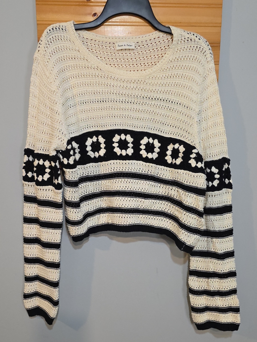 Boho Crochet Granny Square Sweater Cream Black Aaron‎ & Amber Sz L